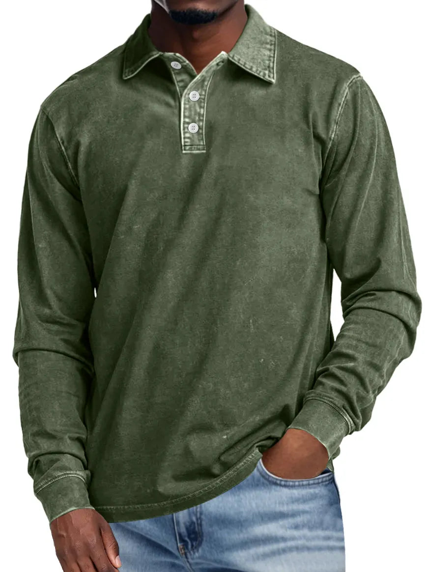 Vince | Men's Retro Lapel Button Casual Solid Colour Long Sleeve Polo Shirt