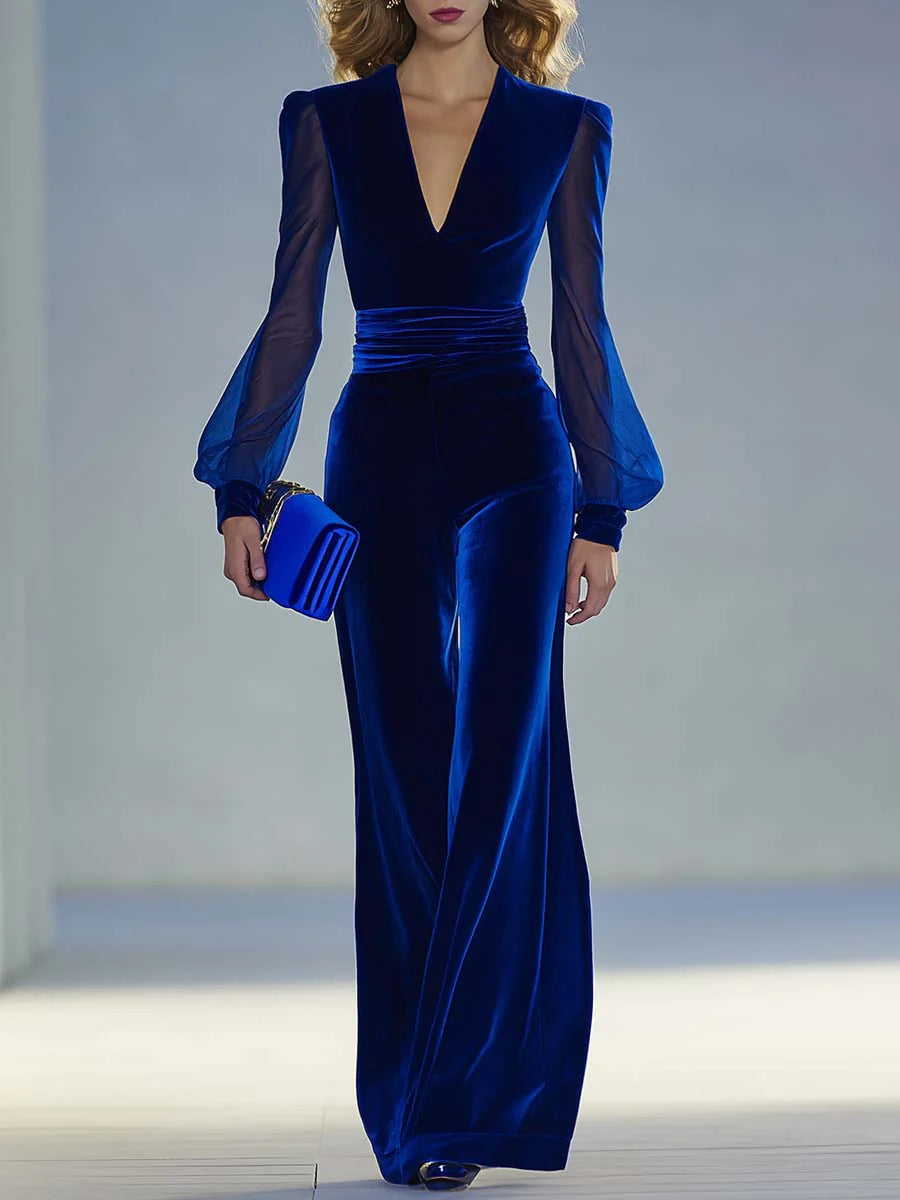Sabrina – Velvet Jumpsuit with Sheer Sleeves