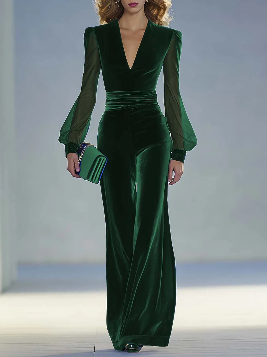 Sabrina – Velvet Jumpsuit with Sheer Sleeves