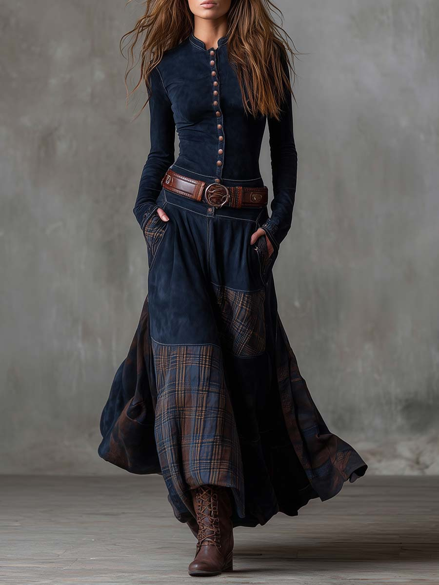 Leonora | Long Vintage Dress from Blue Checked Suede (including Belt)
