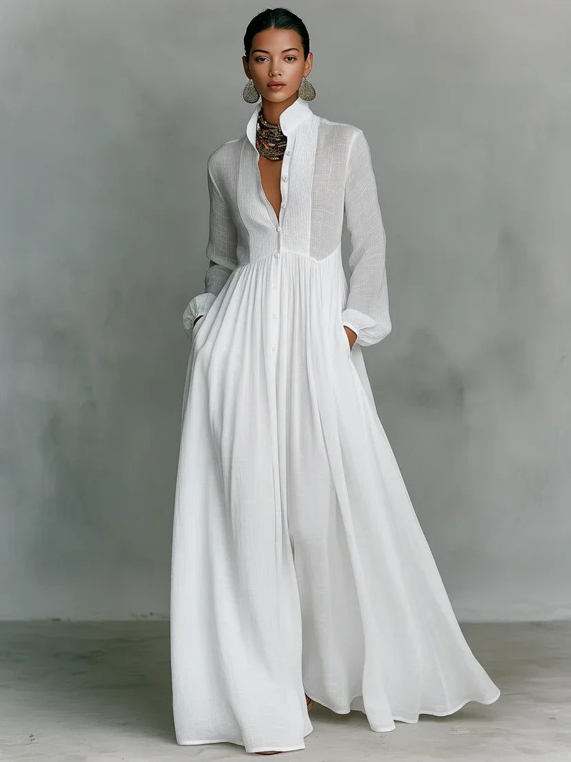 Elindra | Maxi Dress in Minimalist Style with Patchwork, High Collar and Long Sleeves