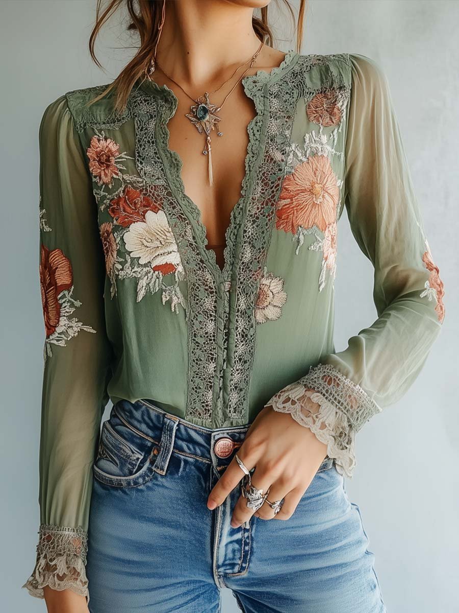 Aria | Floral Printed Bohemian Lace Blouse