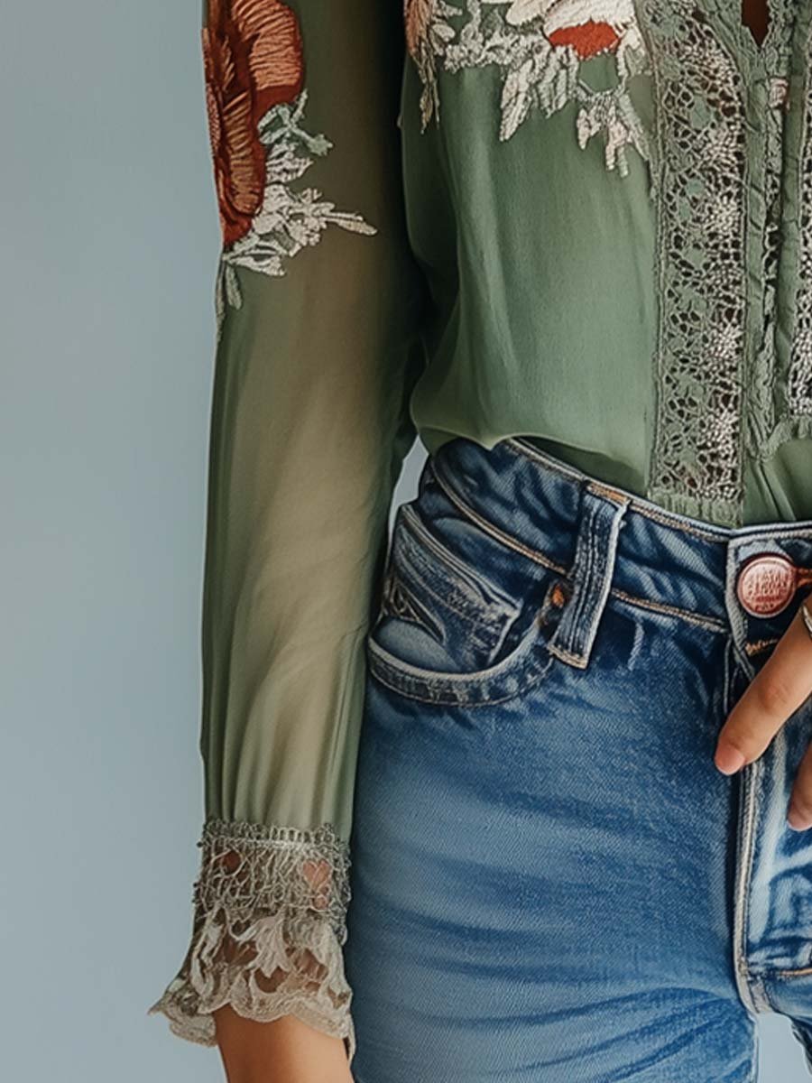 Aria | Floral Printed Bohemian Lace Blouse