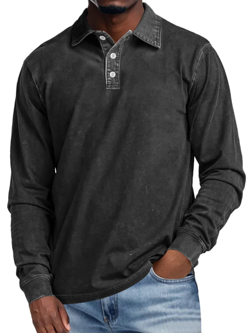 Vince | Men's Retro Lapel Button Casual Solid Colour Long Sleeve Polo Shirt