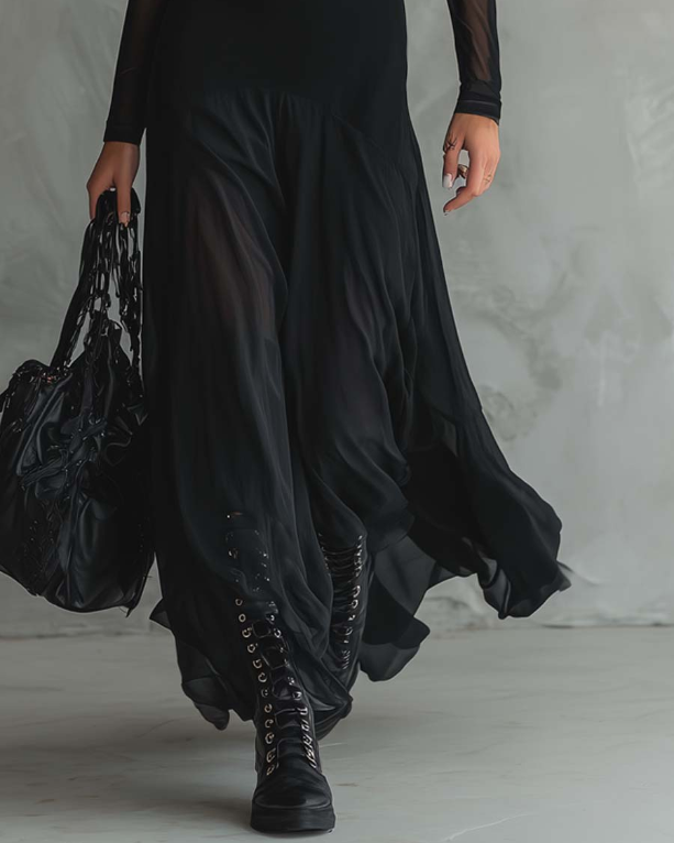 Neroa | Maxi Dress from Black Tulle in Relaxed Fit