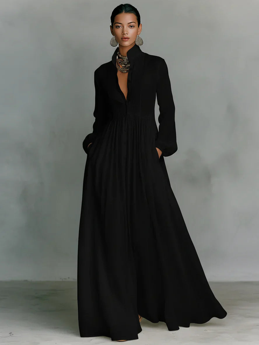 Elindra | Maxi Dress in Minimalist Style with Patchwork, High Collar and Long Sleeves